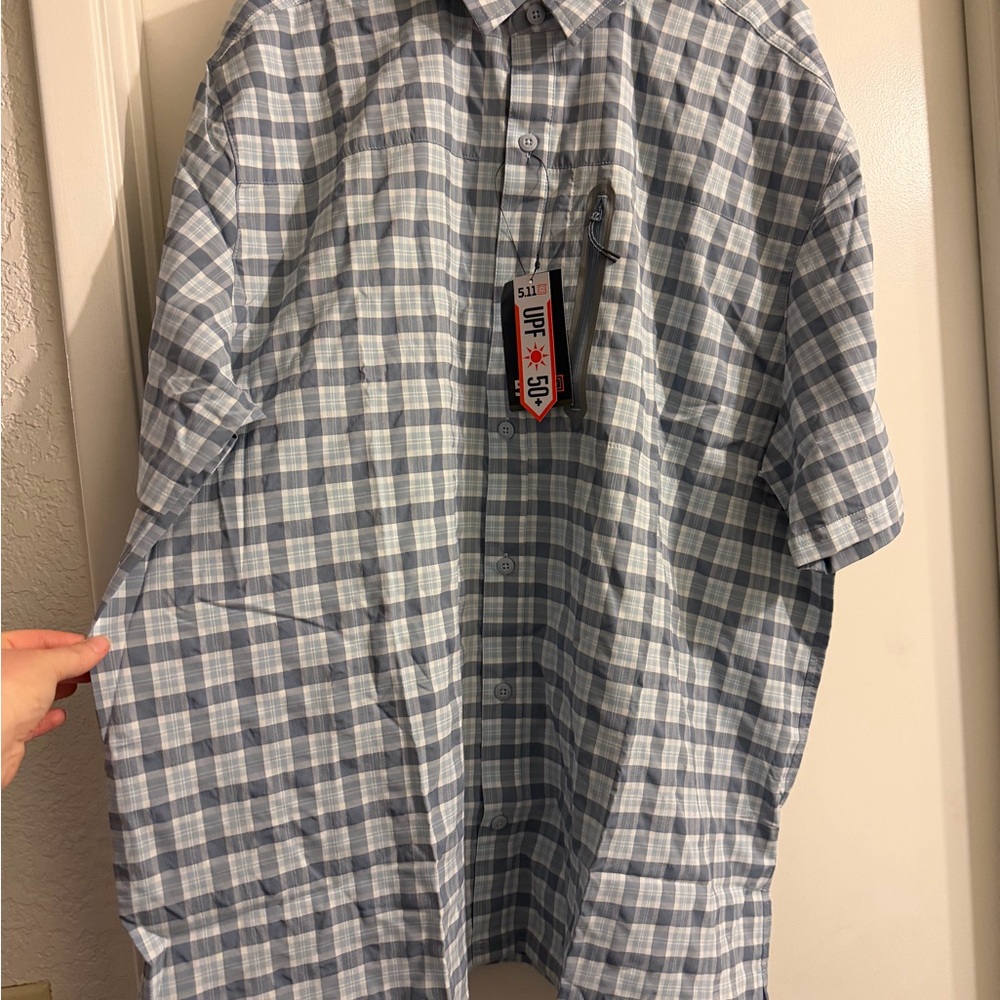 5.11 Tactical Gray Blue Plaid Button Down UPF Shirt